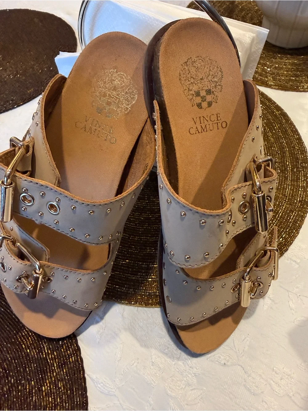 Vince Camuto Taupe Buckle Slide Sandals with Studs